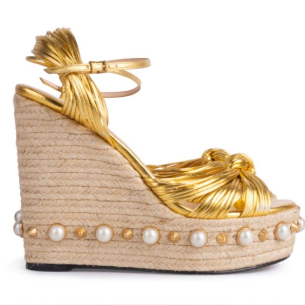 Gucci Barbette Knotted Leather Gold Metallic Pearl Platform Wedge Sandals - Picture 2 of 15